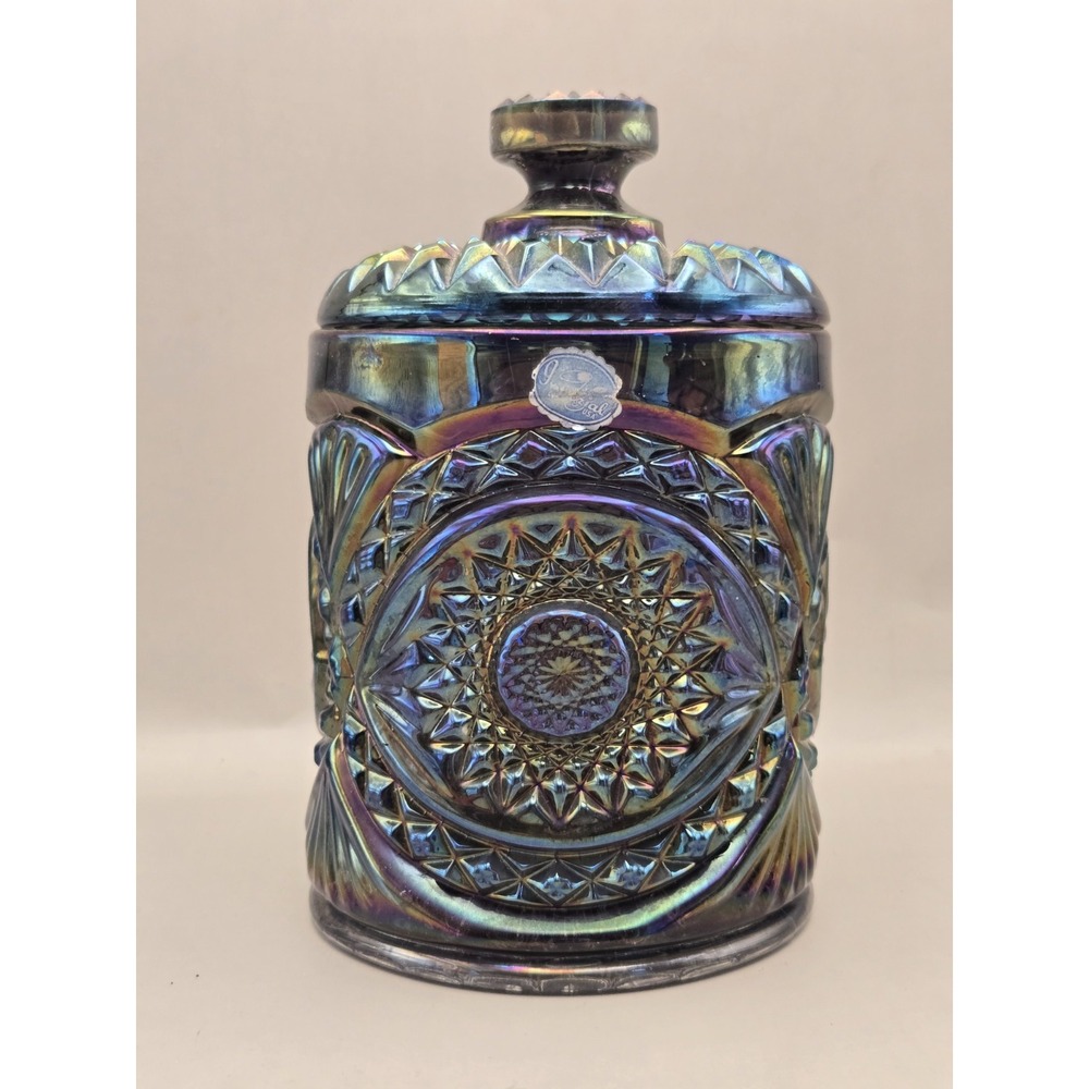 Carnival Glass Cookie Jar Smoke Amethyst Iridescent Hobster Peacock Design  B#33